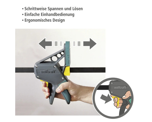 Wolfcraft Einhandzwinge im Einsatz gezeigt