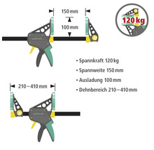 Wolfcraft Einhandzwinge mit Spannkraft von 120 kg, Spannweite von 150 mm, Ausladung von 100 mm und Dehnbereich von 210 bis 410 mm.