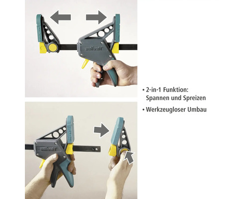 Wolfcraft Einhandzwinge zum Spannen und Spreizen, werkzeugloser Umbau