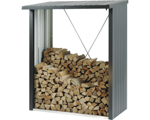 Brennholzregal aus Metall mit Holzscheiten