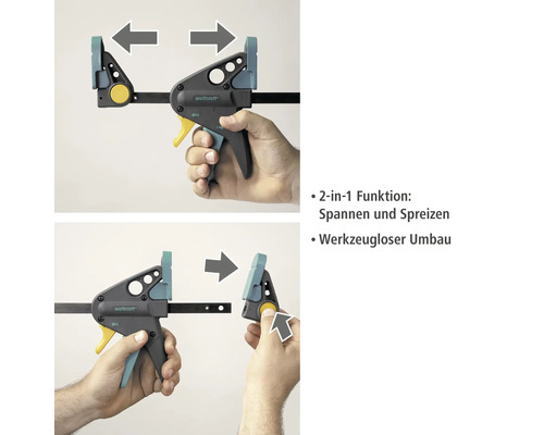Wolfcraft Einhandzwinge zum Spannen und Spreizen im zweiteiligen Anwendungsbeispiel