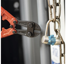 Bolzenschneider schneidet ein Zahlenschloss an einer Kette