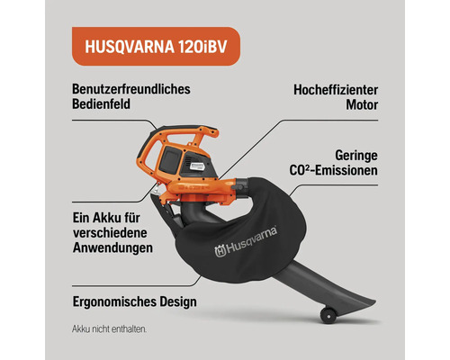 Husqvarna 120iBV Akku-Laubsauger mit Bedienelementen, Motor, Akku und ergonomischem Design.