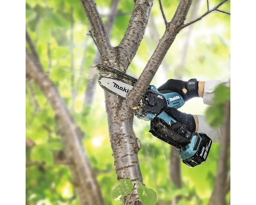 Akku-Kettensäge beim Beschneiden eines Astes