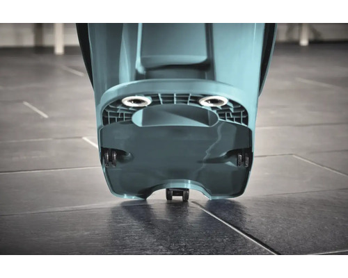 Unteransicht einer blauen Kehrmaschine mit Rollen