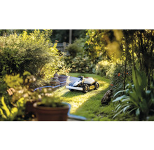 Rasenmähroboter im Einsatz in einem grünen Garten