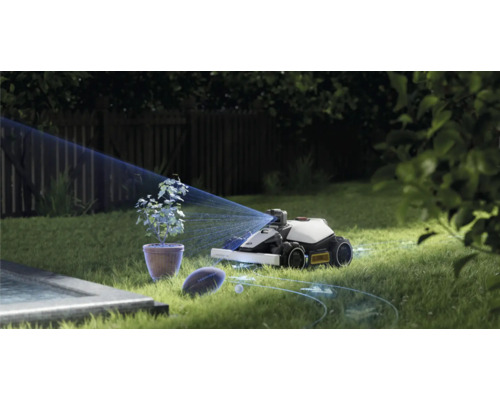 Szene im Garten mit Rasenmähroboter, der einen virtuellen Begrenzungsdraht einrichtet.