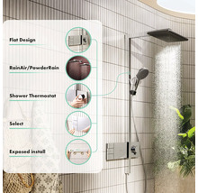 Duschsystem mit flachem Design, RainAir, PowderRain, Duschthermostat, Select Funktion und Aufputzmontage.