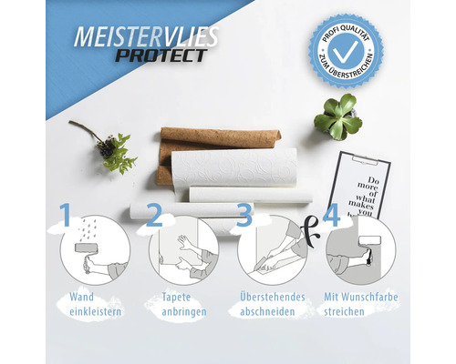 Meistervlies Protect Vliestapete mit Verarbeitungshinweisen und Qualitätssiegel