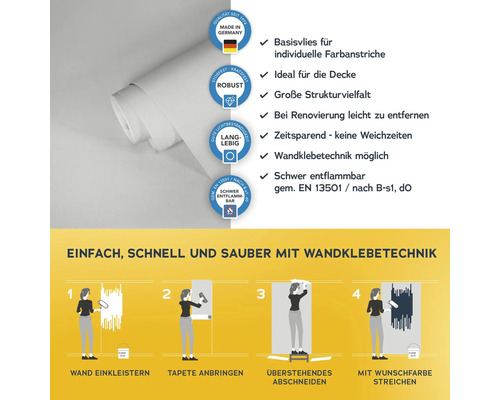 Rolle Wandvlies mit Produkteigenschaften und Verarbeitungshinweisen für Wandklebetechnik