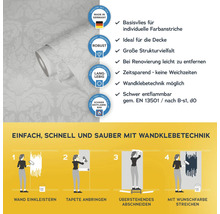 Tapetenrolle mit deutschem Qualitätssiegel und Hinweisen zur Verarbeitung mit Wandklebetechnik
