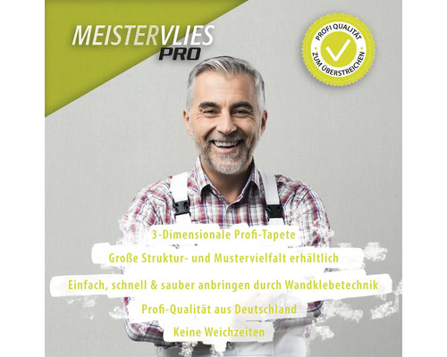 Meistervlies Pro Logo neben einem lächelnden Mann und Informationen zur Tapete.