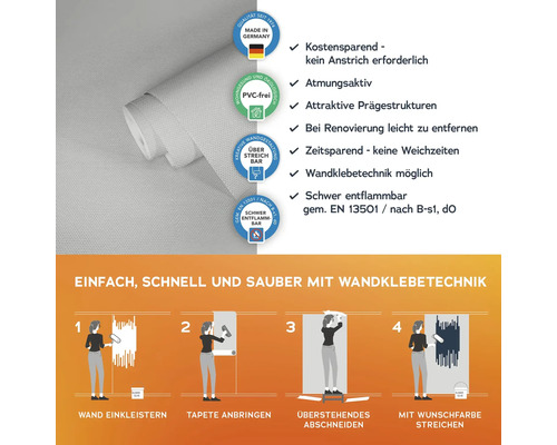 Vliestapete mit Hinweisen zu Produkteigenschaften und Verarbeitung