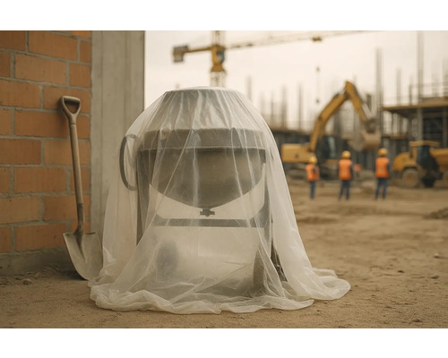 Eine Zementmischmaschine unter einer Plastikplane auf einer Baustelle, daneben ein Spaten.