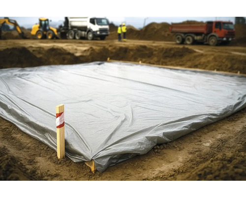 Abdeckplane auf einer Baustelle mit Baumaschinen im Hintergrund