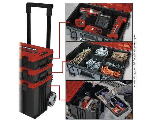 Ein Werkzeugkoffer mit Rollen und ausziehbarem Griff sowie Anwendungsbeispiele für die Aufbewahrung von Werkzeugen und Zubehör