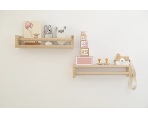 Regale mit Dekorationsgegenständen und Kinderspielzeug an der Wand