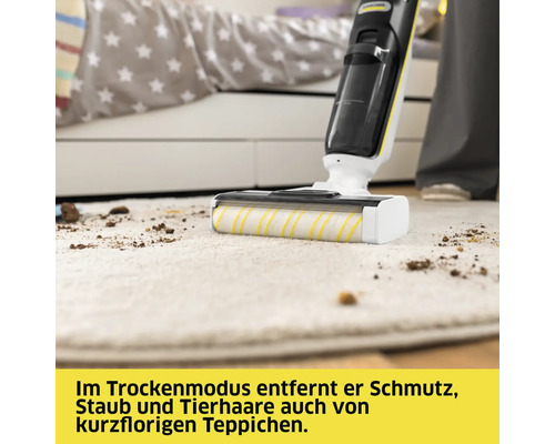 Akkusauger entfernt Schmutz und Tierhaare von einem Teppich