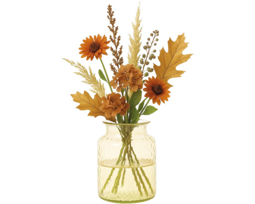 Dekoratives Blumenarrangement in einer Glasvase mit Sonnenblumen und Herbstlaub
