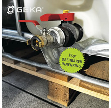 GEKA Logo, Ventil mit drehbarem Innenring an einem IBC Container auf einer Palette