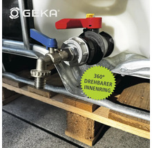 Geka Logo, IBC-Adapter mit zwei Auslässen an einem IBC-Container montiert