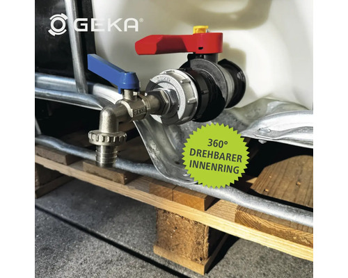 Geka Logo, IBC-Adapter mit zwei Auslässen an einem IBC-Container montiert