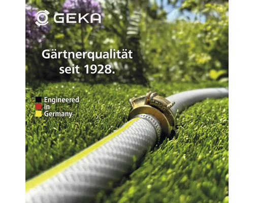 Gartenschlauch auf Rasen mit GEKA Logo und Hinweis auf Qualität seit 1928