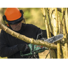 Mann mit Schutzhelm und Bosch Kettensäge beim Baum beschneiden