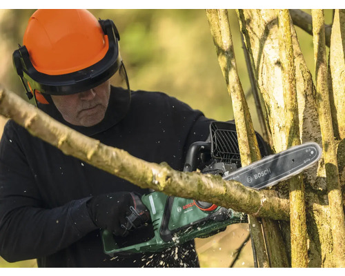 Mann mit Schutzhelm und Bosch Kettensäge beim Baum beschneiden