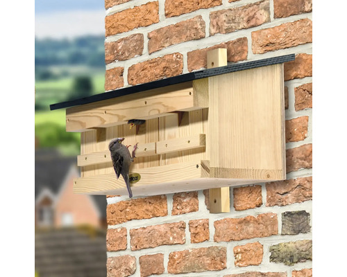 Holz-Vogelhaus an einer Backsteinmauer mit einem Vogel, der davor sitzt und einem anderen im Inneren.