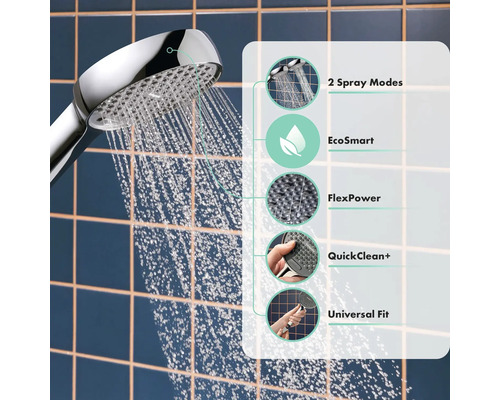 Brausekopf mit zwei Strahlarten, EcoSmart, FlexPower, QuickClean Plus und Universal Fit Funktion