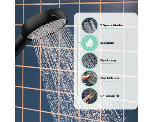 Brausekopf mit verschiedenen Strahlarten und Funktionen wie EcoSmart und QuickClean