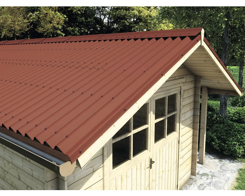 Gartenschuppen mit rotem Wellblechdach