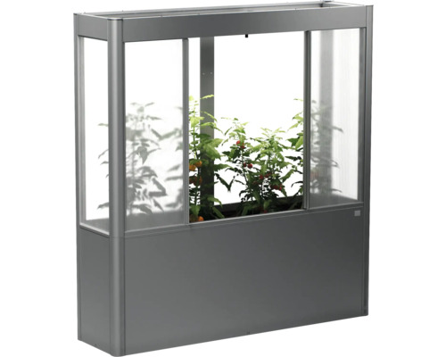 Hochbeet aus Metall und Kunststoff mit Pflanzen