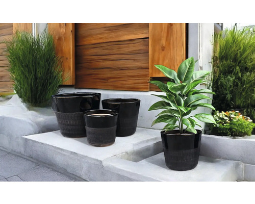 Dekorative Pflanzgefäße in verschiedenen Größen auf einer Treppe