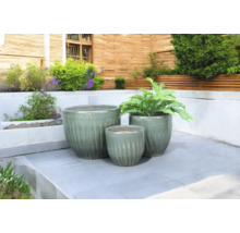 Drei Pflanzgefäße aus Keramik auf einer Terrasse