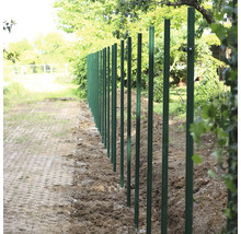 Eine Reihe von Zaunpfosten aus Metall im Garten