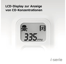 Anzeige des Kohlenmonoxidmelders mit LCD Display, Totenkopf Symbol und Warnsymbol