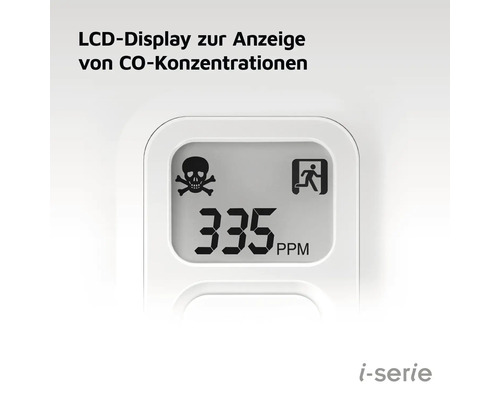 Anzeige des Kohlenmonoxidmelders mit LCD Display, Totenkopf Symbol und Warnsymbol
