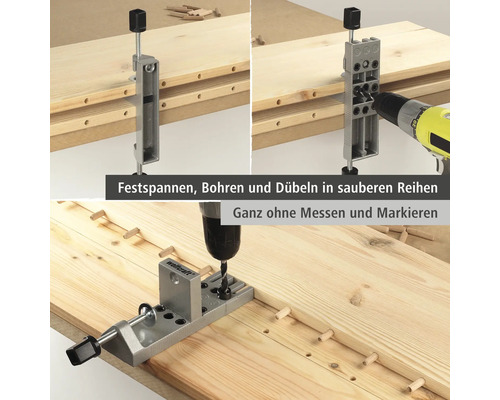 Vorrichtung zum Dübeln mit Bohrmaschine an Holzbrettern