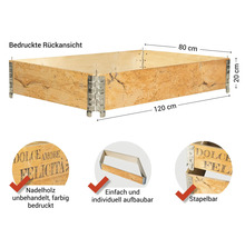 Holzkiste aus Nadelholz, unbehandelt und bedruckt, mit den Maßen 120 x 80 x 20 cm. Stapelbar und individuell aufbaubar.