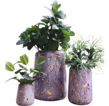 Drei bepflanzte Übertöpfe mit Blumenmuster