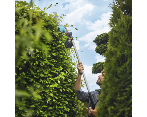 Eine Person schneidet mit einer Akku-Teleskop-Heckenschere eine Hecke.