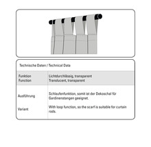 Technische Daten für einen transparenten Dekoschal mit Schlaufenfunktion für Gardinenstangen.