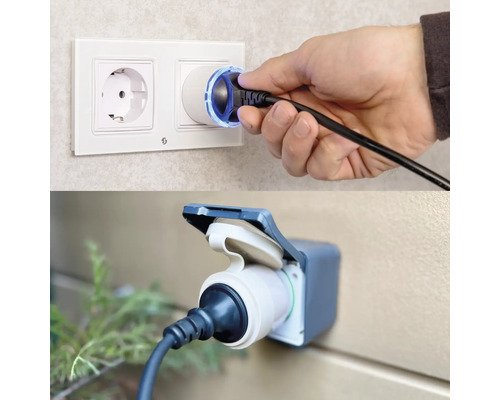 Zwei Steckdosen: Eine mit eingestecktem Stecker in Innenräumen, die andere mit eingestecktem Stecker im Außenbereich.