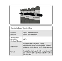 Technische Daten zu Dimout und wärmedämmenden Gardinen mit Schlaufenfunktion