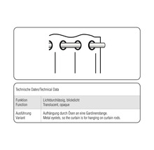 Technische Daten: Lichtdurchlässig, blickdicht. Aufhängung durch Ösen an Gardinenstange.