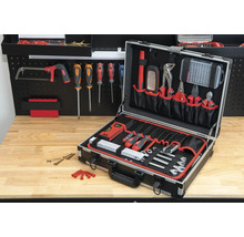 Geöffneter Werkzeugkoffer mit verschiedenen Werkzeugen wie Schraubendrehern, Zangen und Schraubenschlüsseln