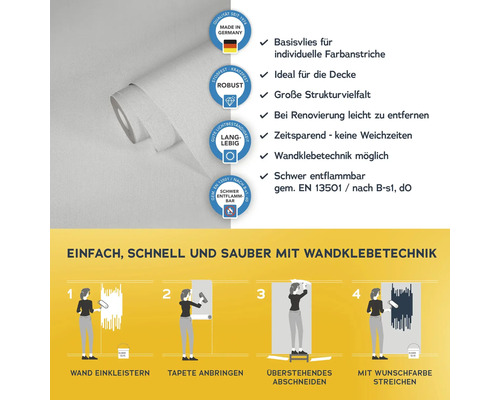 Rolle Raufasertapete mit Produktvorteilen und Anbringungsanleitung