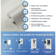 Rolle mit weißer Tapete und Informationen zur Anbringung mit Wandklebetechnik